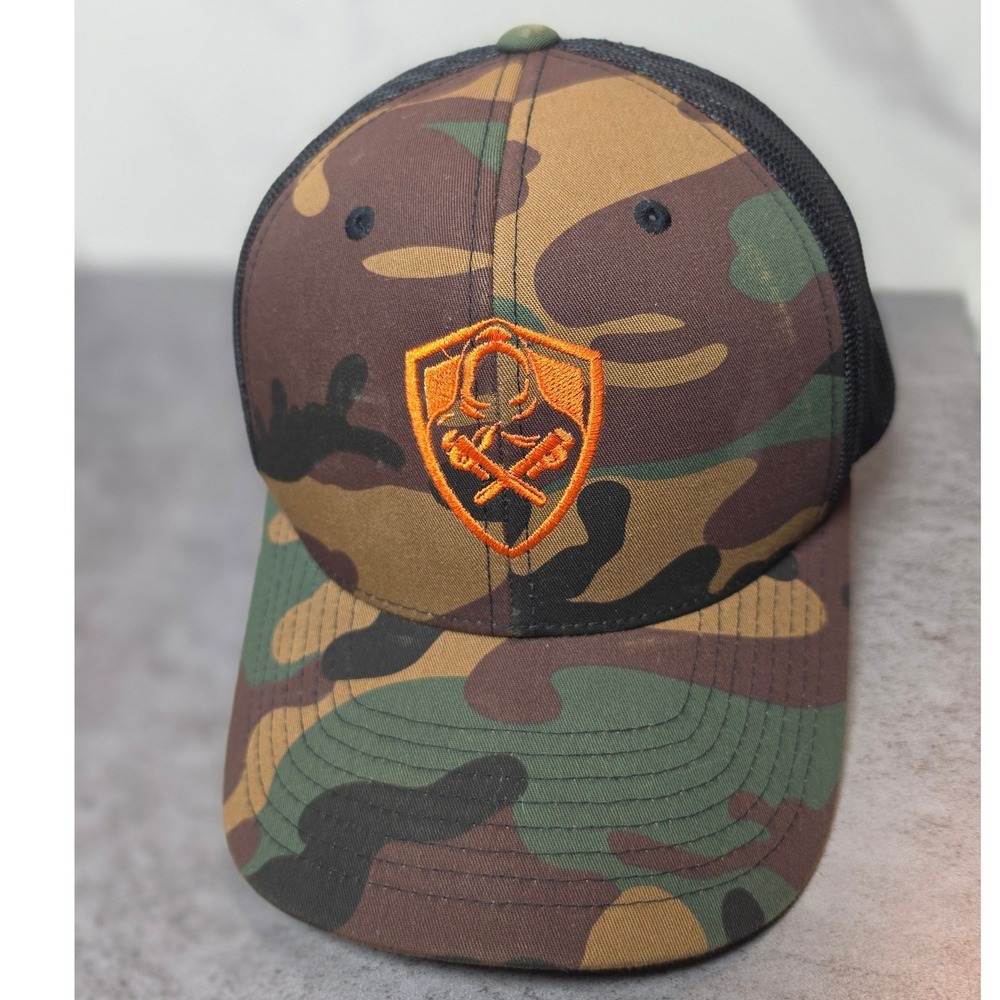 Yupoong The Classics Mens Camo Trucker Hat Orange Shield Logo Snapback Cap